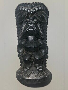 Vintage Coco Joes Hawaii 3.75" Black Lava Rock Tiki Figure Pomaikai Good Luck